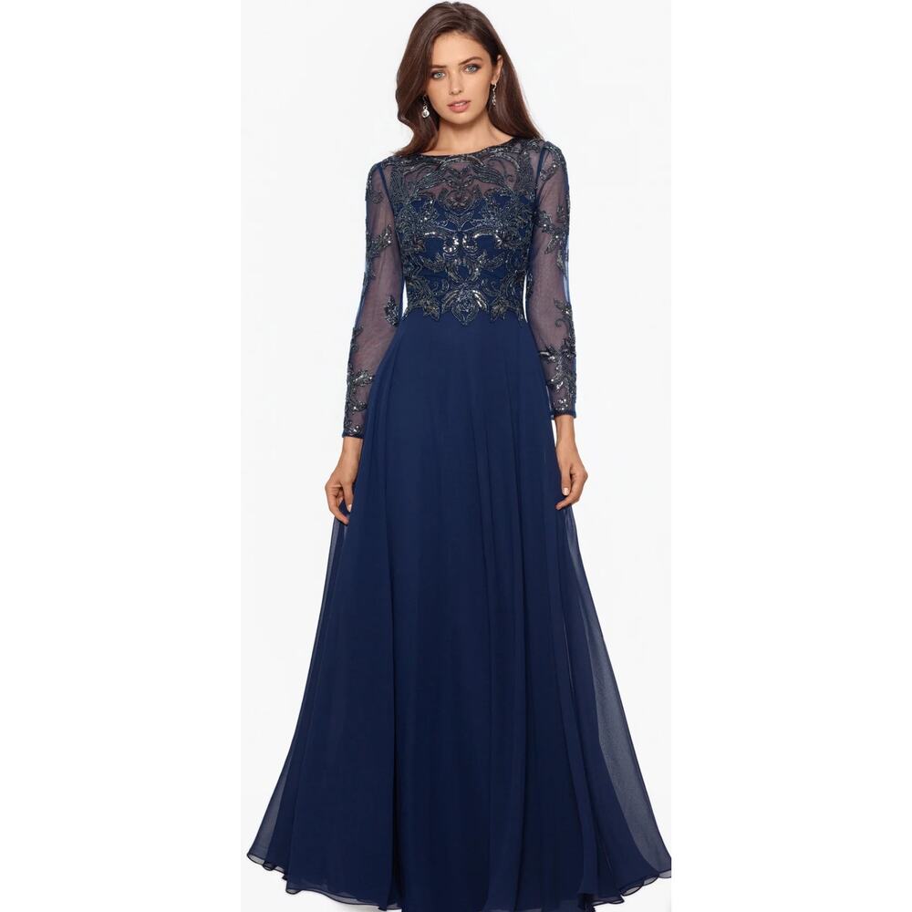 Xscape Navy Long Sleeve Dress